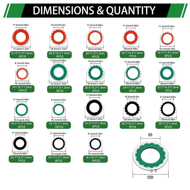 Japtend 120PCS A/C Compressor Seal Washers Assortment Kit, 18 Sizes 3 Colors Automotive Air Conditioning System Compressor Port Bonded Seal Gasket Kit (Red & Green & Black) - Image 2